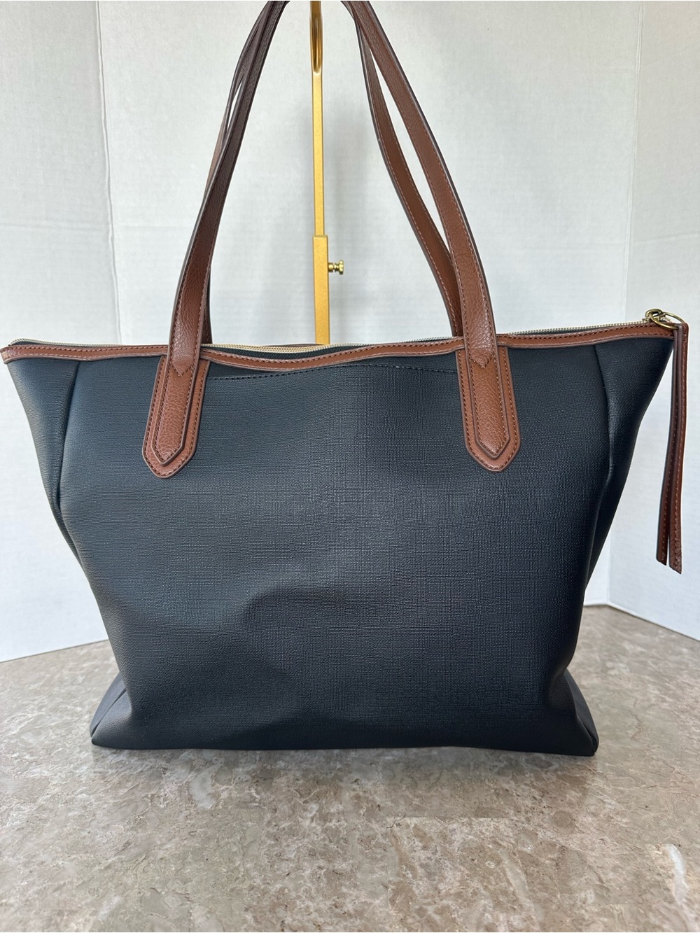 Fossil Black Tote Bag Brown Trim Key Charm Large Shoulder Handbag Classic Purse - Picture 5 of 15